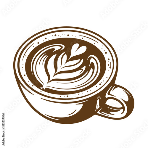 Beautiful coffee latte art in a brown cup decorative sketch vintage style design