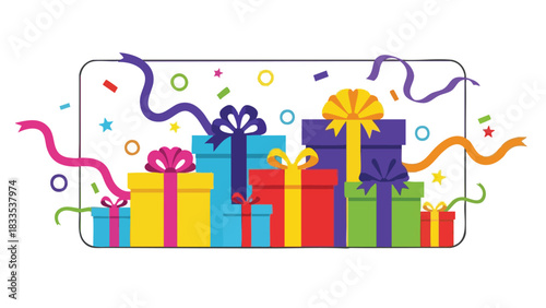 Festive Stack Vibrant Gift Boxes with Ribbons and Confetti Celebratory Design