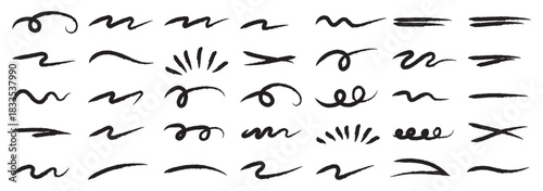 Hand drawn underline set. Marker brush strokes collection. Rough charcoal strokes. Collection of vector grunge brushes. Vector horizontal chalk lines drawn by hand.