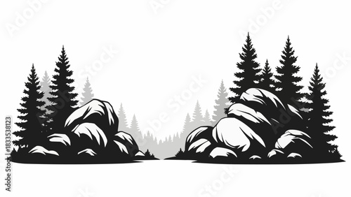 Silhouette of Pine Trees and Boulders in a Forest Landscape.