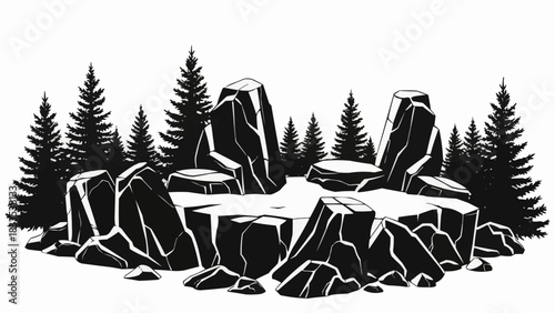 Monochrome Stone Circle in Forest Silhouette.