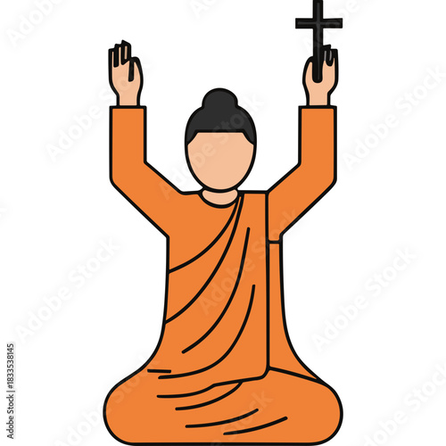 Person in Orange Robes Kneeling with Arms Raised Holding a Cross Symbol in a Prayerful Pose with a Black Background