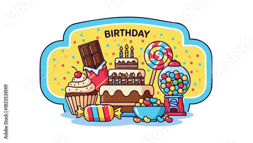 Sweet Birthday Celebration Colorful Candies, Cake, and Treats Illustration