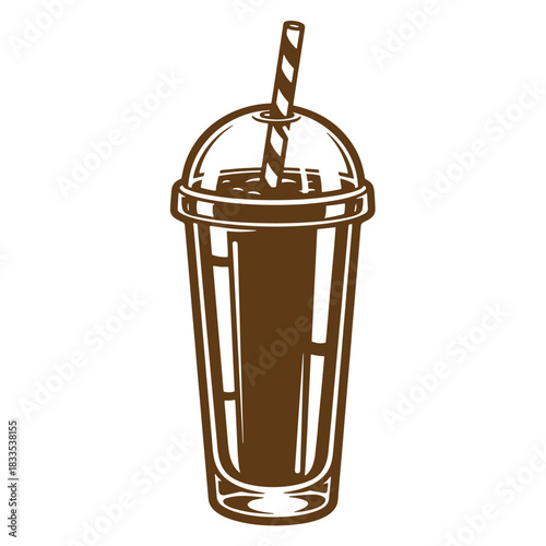 Brown coffee cup with straw sketch vintage illustration isolated on white background