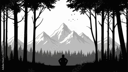 Silhouette of a person meditating in front of majestic mountains.