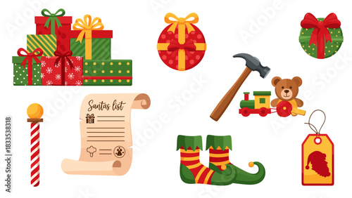 Collection of christmas holiday element icons including gift box, santa list, elf boot, toy train, hammer, and tag