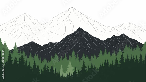 Majestic Mountain Range with Dense Pine Forest Landscape.