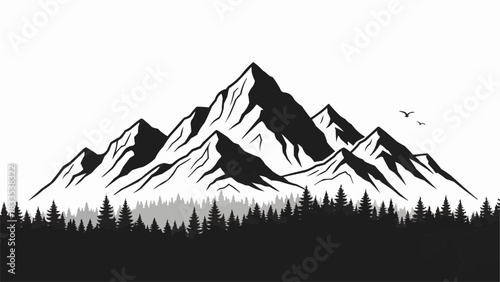 Majestic mountain range silhouette with towering peaks and dense forest.