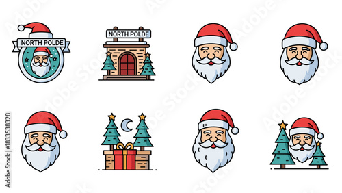 Set of eight cute cartoon icons representing santa claus face, north pole building, and christmas tree illustration