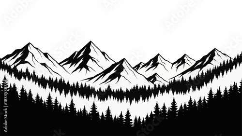 Monochrome Mountain Range Silhouette with Pine Forest Landscape.
