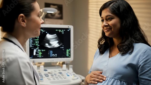 Indian pregnant woman consults with her doctor during a prenatal check-up, looking at an ultrasound