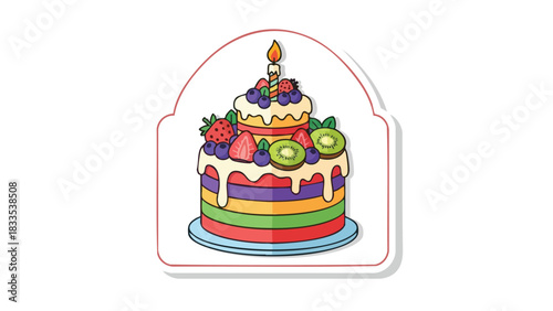 Delightful Fruit Topped Birthday Cake Illustration with a Lit Candle on a White Background