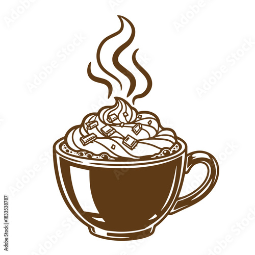 Classic sketch vintage illustration of a steaming coffee cup with whipped cream and chocolate pieces