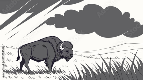A monochrome illustration of a bison in a grassy field with storm clouds looming overhead drawing art