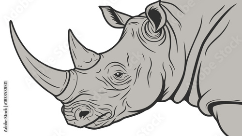 Illustration of a rhinoceros head with detailed line work and a gray color palette on a white background