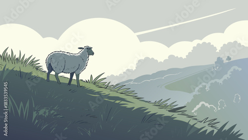 A sheep stands on a grassy hill overlooking a valley filled with clouds under a cloudy sky viewscape