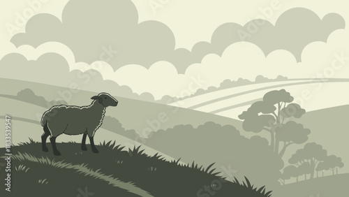 A monochrome illustration of a sheep standing on a grassy hill with a cloudy sky in the background
