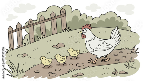 Cartoon illustration of a hen walking with three chicks near a fence in a grassy environment