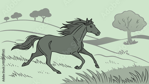 Illustration of a gray horse running in a field with trees and rolling hills in the background view