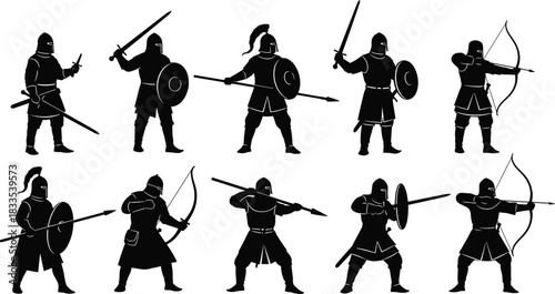 Ancient Warriors Silhouette Collection, Medieval Soldier Army Set with Sword, Spear, Shield, and Archery Bow, Historical Battle Concept Vector Illustration