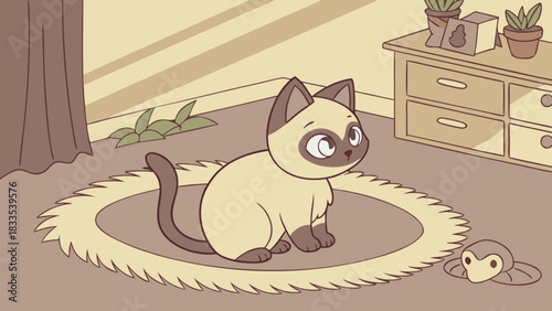Siamese cat sitting on a round rug in a room with a dresser and a toy on the floor looking cute