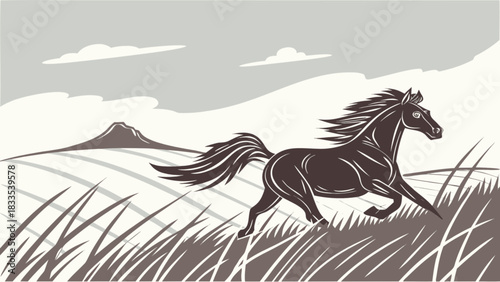 Illustration of a brown horse running through a field with a mountain and clouds in the background