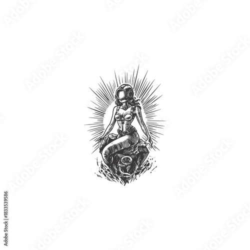 Unique vintage illustration of a mermaid sitting on a rock in the ocean, wearing a retro diving helmet