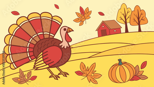 A cartoon illustration of a turkey with fall foliage and a pumpkin in a rural landscape scene