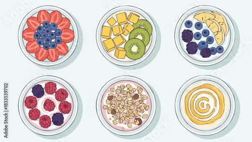 Six bowls of healthy breakfast with various fruits and toppings.