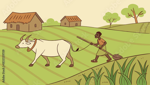 Illustration of a farmer plowing a field with an ox near houses and trees on a sunny day in the countryside