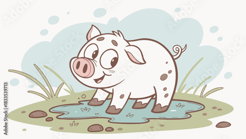 Cartoon pig standing in a puddle with grass and rocks against a light blue background illustration