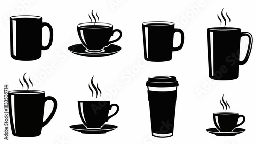 Collection of Steaming Coffee Cups and Mugs in Silhouette.