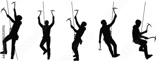 Black silhouette set of mountain climbers scaling vertical icy terrain, showcasing dangerous adventure, winter extreme sports, and mountaineering activities, isolated white background, full body view.