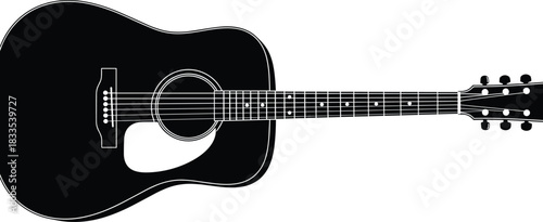 Black Silhouette Vector Acoustic Guitar Isolated on White Background, Detailed Musical Instrument Outline, Classic Dreadnought Shape, Minimalist Graphic Design Element