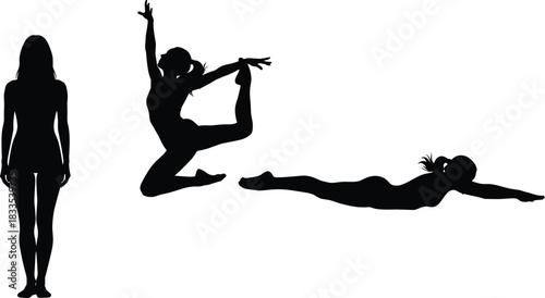 Black silhouettes of a woman standing, a dynamic dancer or gymnast mid-leap, and a prone yoga or fitness pose, isolated on white background.