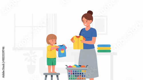 Mother and young child folding clean laundry together at home.