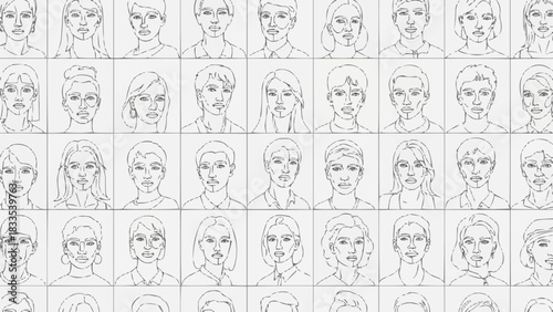 Grid of sketched faces representing diverse human emotions and expressions.