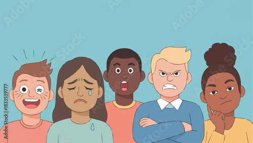 Diverse group of people expressing various emotions and feelings.
