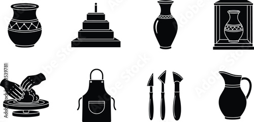 Black Silhouette Pottery Icons Set: Ceramic Art, Clay Craft, Tools, Apron, Sculpting, Kiln, Vessel, Jug, and Traditional Artifacts Vector Collection