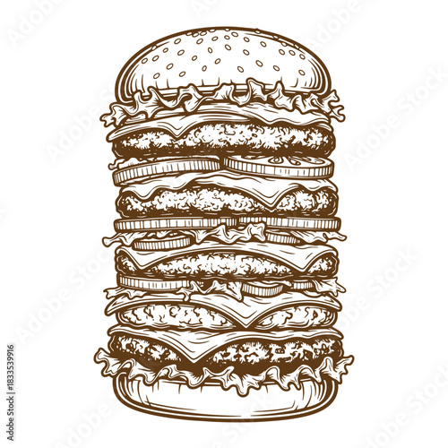 Delicious sketch vintage illustration of a giant multi-layer burger on a clean white background
