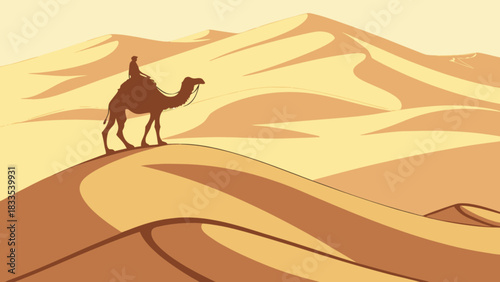 Silhouette of a man riding a camel across the vast desert landscape with rolling sand dunes view
