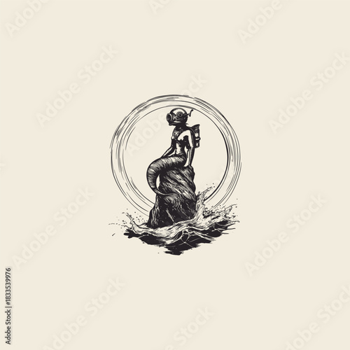 Unique vintage illustration of a mermaid sitting on a rock in the ocean, wearing a retro diving helmet