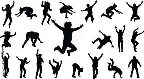 Highly Detailed Collection of Dynamic Jumping, Dancing, and Breakdancing People Silhouettes; Vector Set of Active Movement Poses for Energy, Youth, and Celebration.