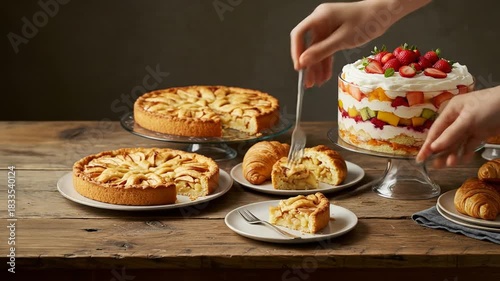 Assortment of apple tarts fruit trifle and croissants on a wooden table