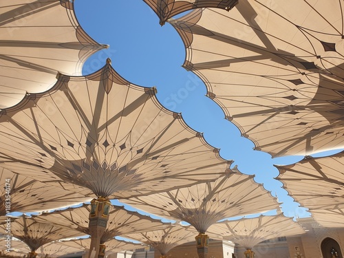 Madina, Saudi Arabia - March 10, 2025 : Aerial view of Masjidil Nabawi at Madinah Al Munawwarah with blurred background. Architecture photography concept design. Prophet Rasul Muhammad SAW Masjid.