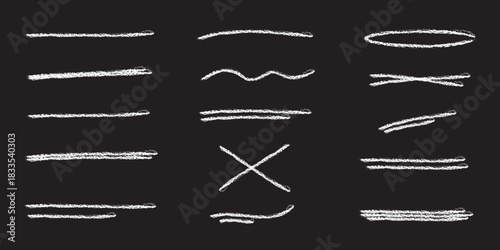 Hand drawn underline set. Marker brush strokes collection. Rough charcoal strokes. Collection of vector grunge brushes. Vector horizontal chalk lines drawn by hand.
