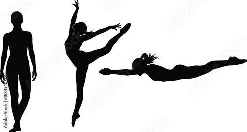 Silhouette of a woman performing ballet dance, a graceful dive, and a standing pose, representing athleticism, flexibility, and various active lifestyles.