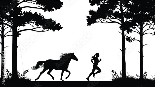 Silhouette of a woman running alongside a majestic galloping horse through a wild forest, symbolizing freedom, nature, fitness, and partnership, black and white.