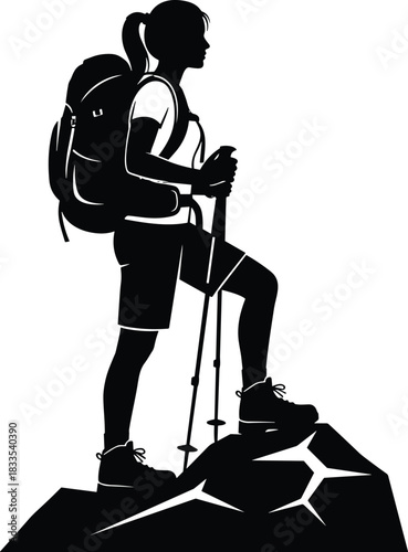 Strong Woman Hiker Silhouette Standing on Rocky Summit, Adventure, TrAchievement