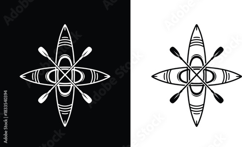 Symmetrical Kayak and Crossed Paddles Logo Design, Black and White Nautical Outdoor Adventure Water Sport Emblem Icon, Vector Illustration